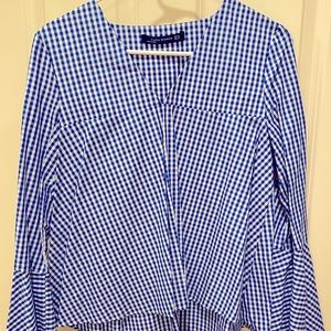 Zara blue gingham poplin top with bell sleeves